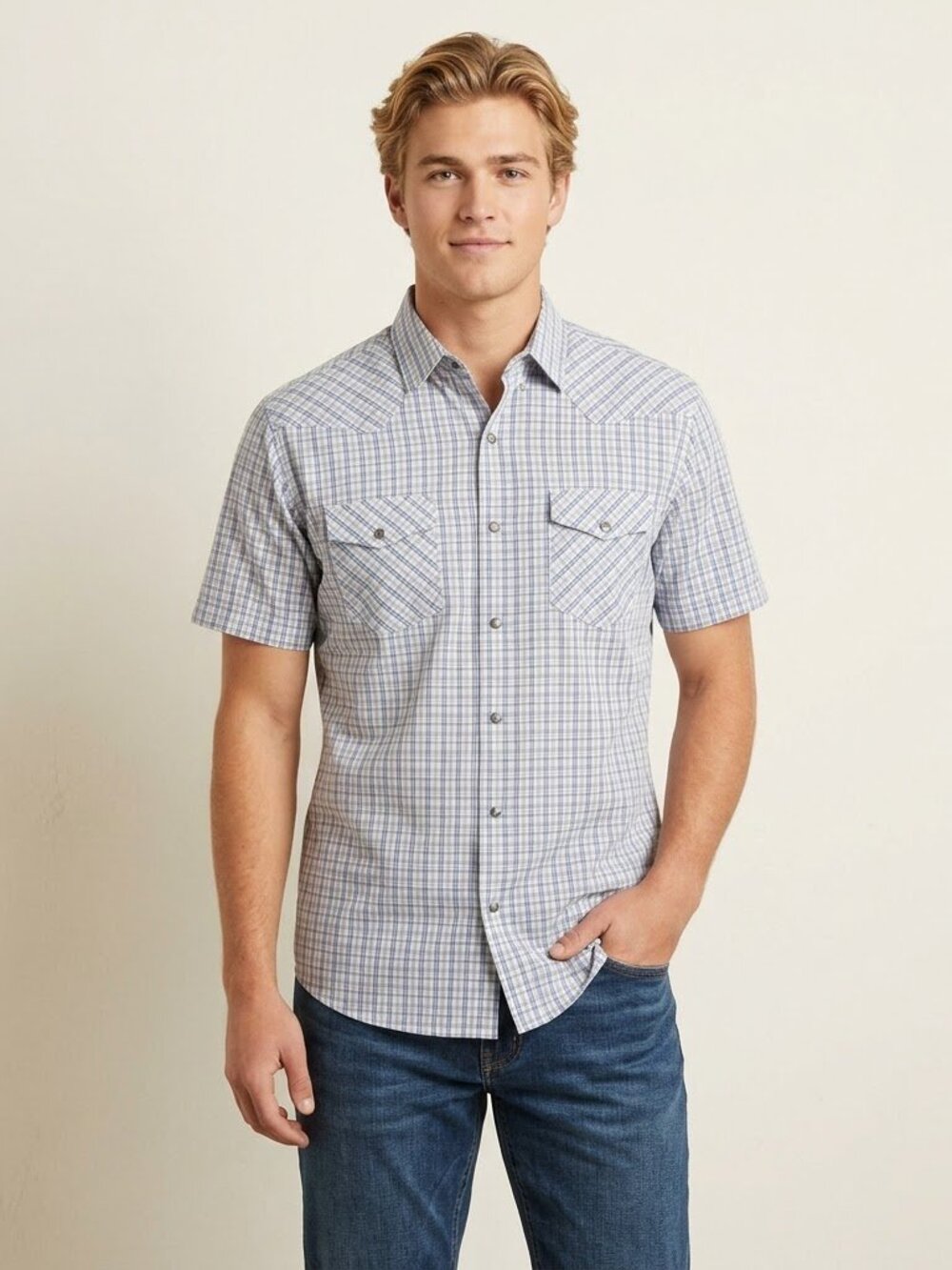 Banana Republic XL Western Plaid Shirt Short Sleeve Snap Front Blue White